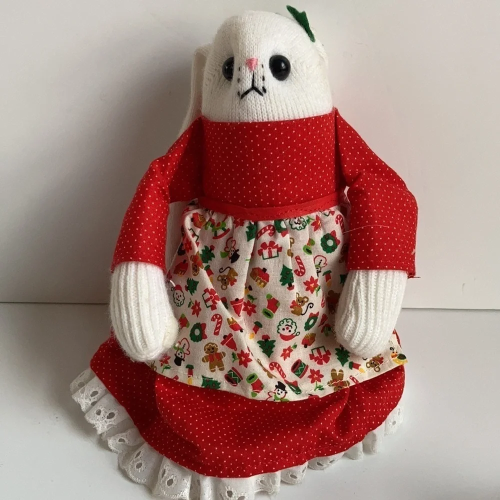 Vintage 80s Christmas sock bunny and baby red dress and Christmas print apron